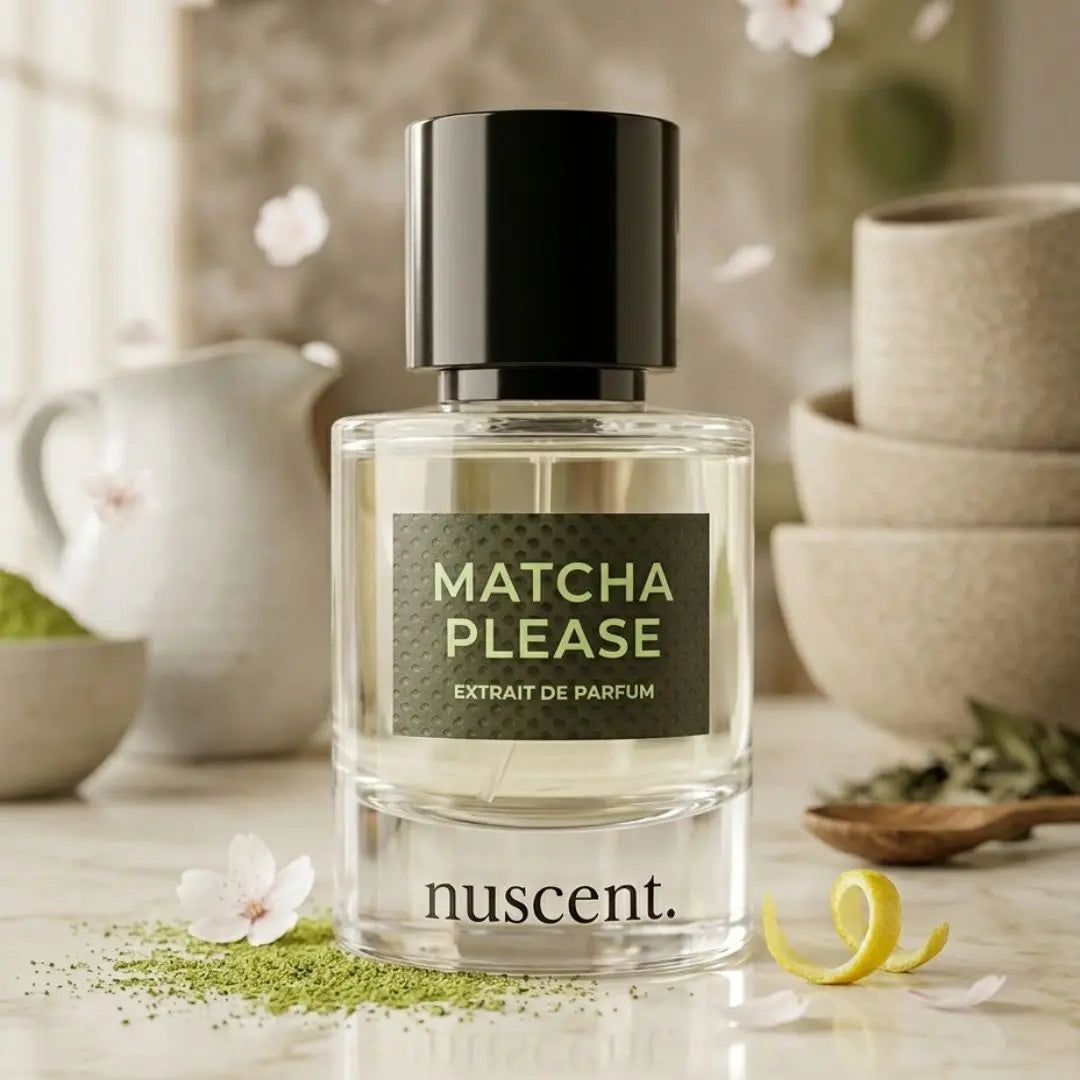 Matcha Please Extrait de Parfum surrounded by matcha powder, lemon peel, white flowers and ceramic bowls creating zen spa atmosphere