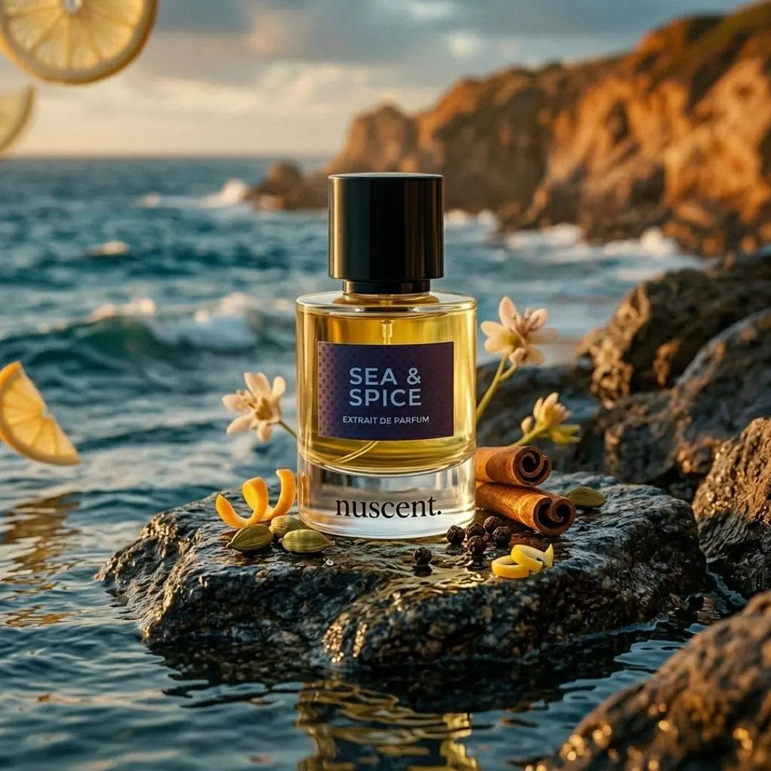Sea & Spice fragrance styled on coastal rocks with citrus and cinnamon — Mediterranean ocean and spice fragrance inspiration