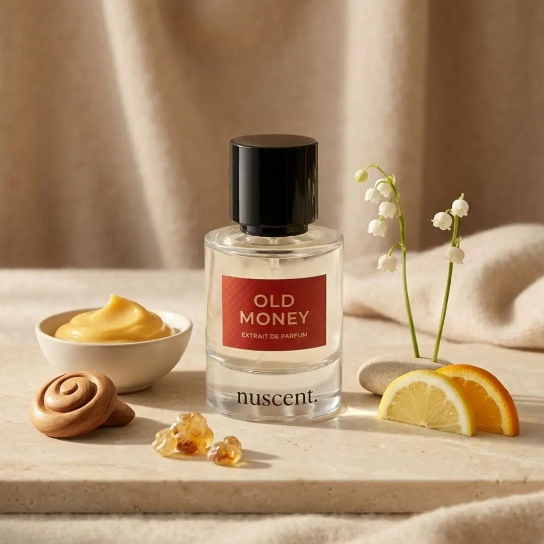Old Money Extrait de Parfum with lily of the valley flowers, honey drip in ceramic bowl, fresh lemon slices and vanilla pods on neutral beige surface representing warm gourmand base notes
