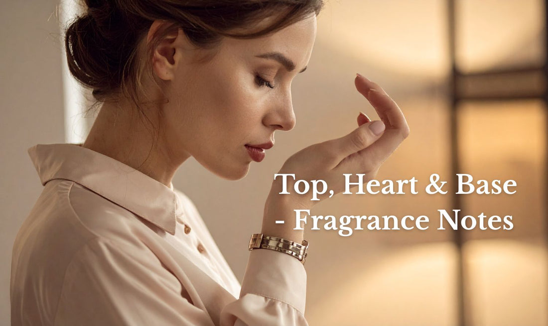 Infographic explaining perfume top, heart and base notes with their lasting time on skin