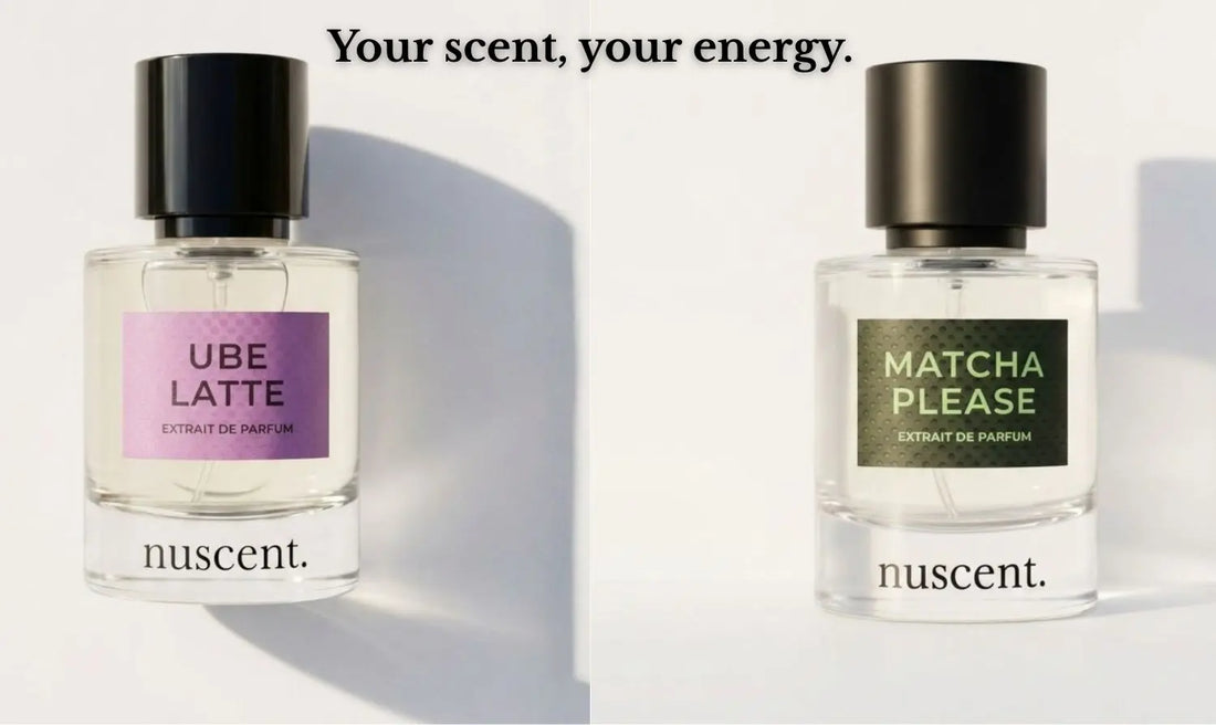 Flatlay of two perfume bottles styled with citrus and vanilla ingredients, contrasting fresh and gourmand mood fragrances for a nuscent.ph blog banner.