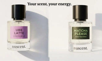 Flatlay of two perfume bottles styled with citrus and vanilla ingredients, contrasting fresh and gourmand mood fragrances for a nuscent.ph blog banner.