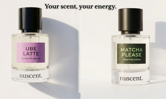 Flatlay of two perfume bottles styled with citrus and vanilla ingredients, contrasting fresh and gourmand mood fragrances for a nuscent.ph blog banner.