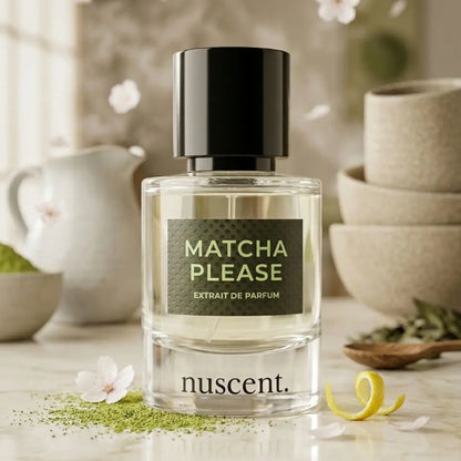 Matcha Please Extrait de Parfum surrounded by matcha powder, lemon peel, white flowers and ceramic bowls creating zen spa atmosphere