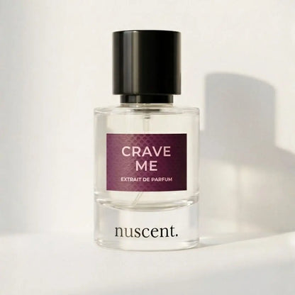 Crave Me eau de parfum by nuscent – fresh aromatic and woody fragrance with burgundy label and black cap