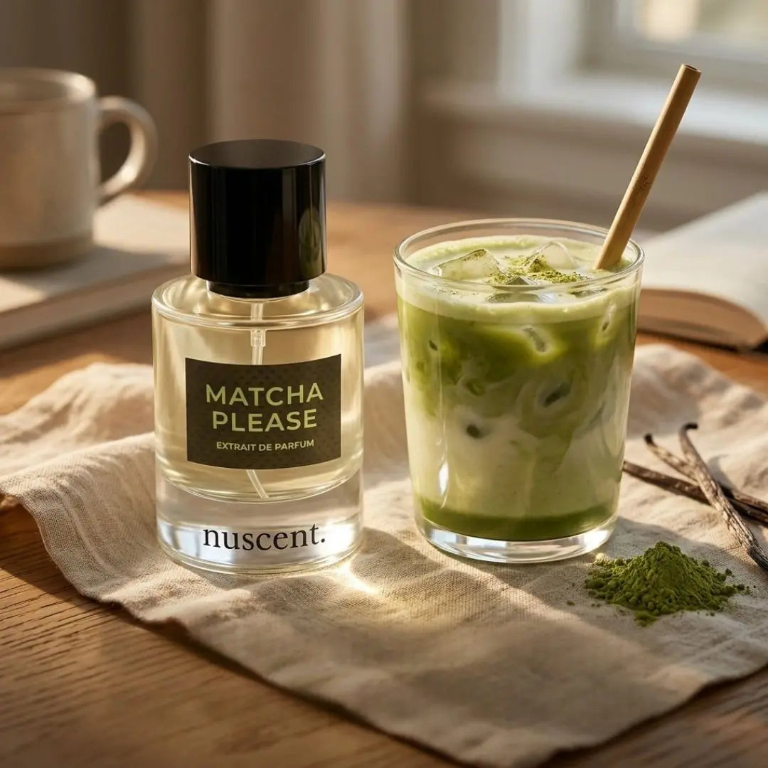 Matcha Please nuscent perfume styled next to iced matcha latte with powdered matcha on linen — calm morning ritual aesthetic