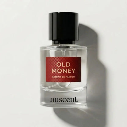 Old Money eau de parfum by nuscent – warm citrus and amber fragrance with deep red label and black cap