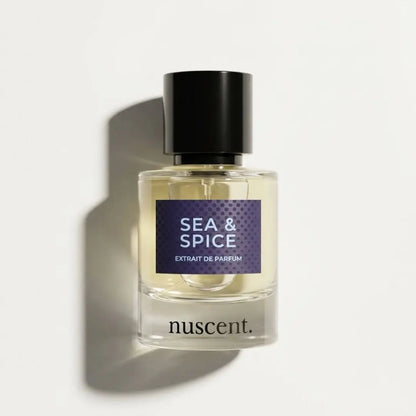 Sea & Spice eau de parfum by nuscent – citrus and marine fragrance with dark navy label and black cap