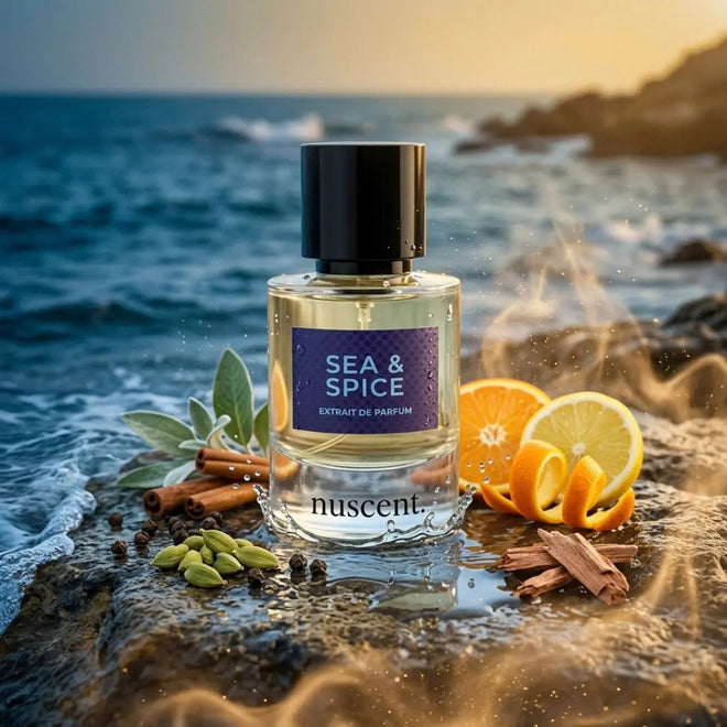 Sea & Spice nuscent fragrance styled on a beach at golden hour with fresh citrus, cinnamon, and cardamom ingredients