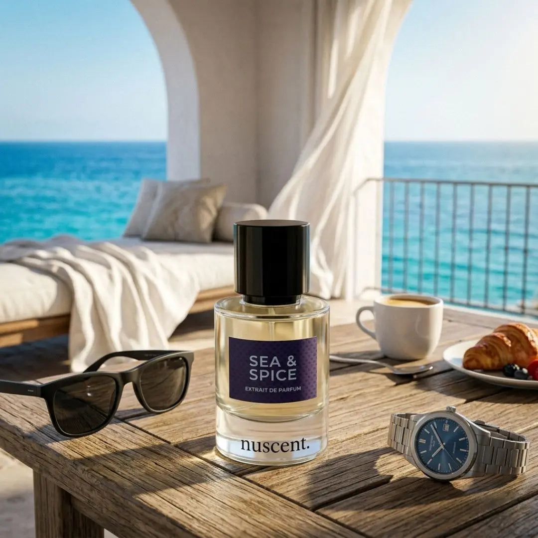 Sea & Spice nuscent fragrance on a coastal terrace at golden hour with ocean view — marine and spice fragrance for travel and relaxation