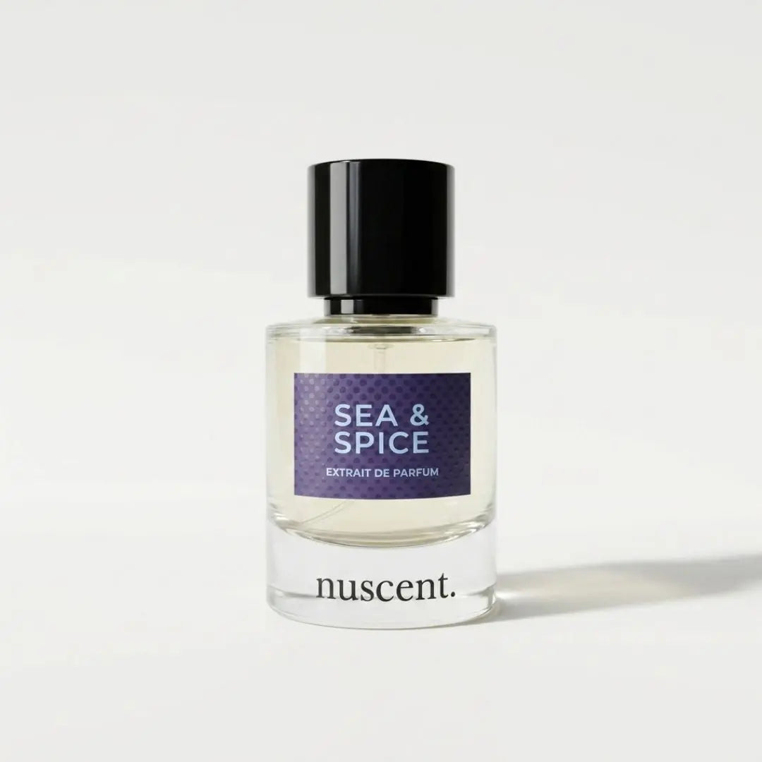 Sea & Spice eau de parfum by nuscent — citrus, marine, and amber fragrance in minimalist presentation