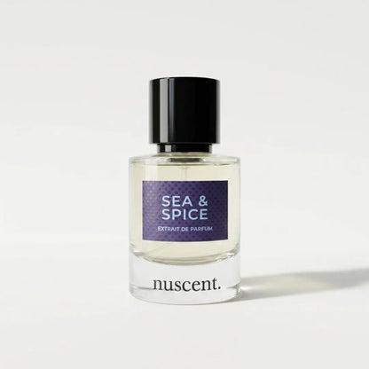 Sea & Spice eau de parfum by nuscent — citrus, marine, and amber fragrance in minimalist presentation