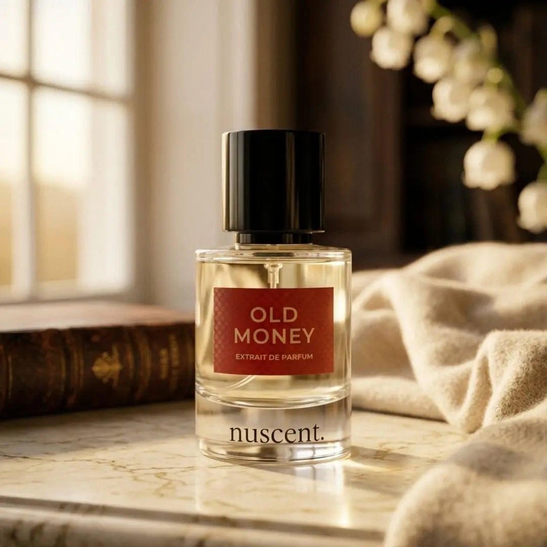 Old Money Extrait de Parfum bottle displayed on white marble surface with soft window lighting, cream linen fabric and white flowers in background representing warm amber woody fragrance