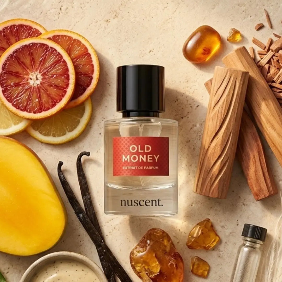 Old Money Extrait de Parfum bottle surrounded by fragrance ingredients including grapefruit slices, lemon, vanilla pods, sandalwood wood pieces, amber crystals and honey representing citrus amber notes