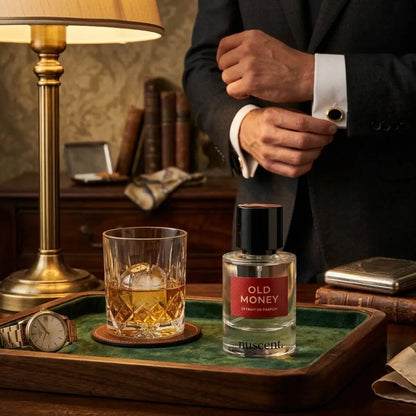 Old Money Extrait de Parfum fragrance displayed on green felt desk with crystal whiskey glass, gold desk lamp, cufflinks and leather-bound book representing quiet luxury masculine fragrance for boardroom