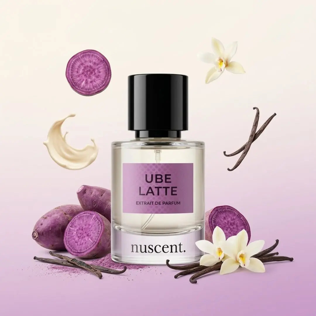 Ube Latte unisex fragrance surrounded by ingredients including purple ube tubers, vanilla pods, white orchid flowers, and almond milk splash